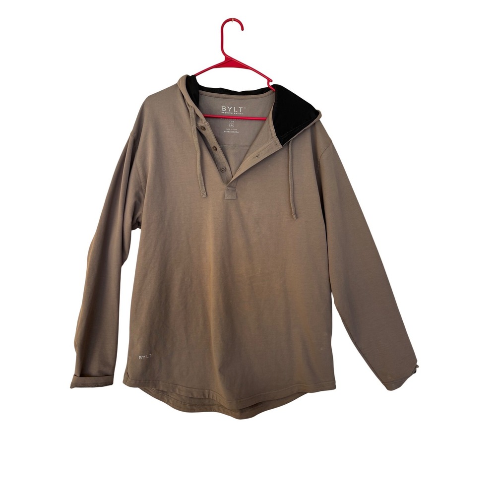 BYLT Premium Basics Drop Cut Hooded‎ Henley Lux Taupe Brown Mens XL Athleisure